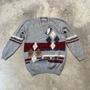 Super Angoora by Naseem Sweater Mens Large Lambs Wool Mohair Blend V Neck Argyle